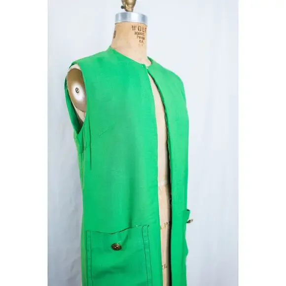 Vintage 60s Kelly Green Linen Blend Vest Duster w/ Pockets Mod Retro Bright, Med - Picture 2 of 10